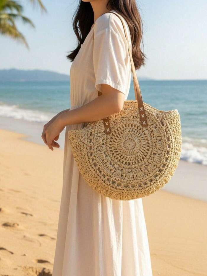Classic Woven Bag Women's Round Beach Shoulder Bag, Women's Straw Woven Bag