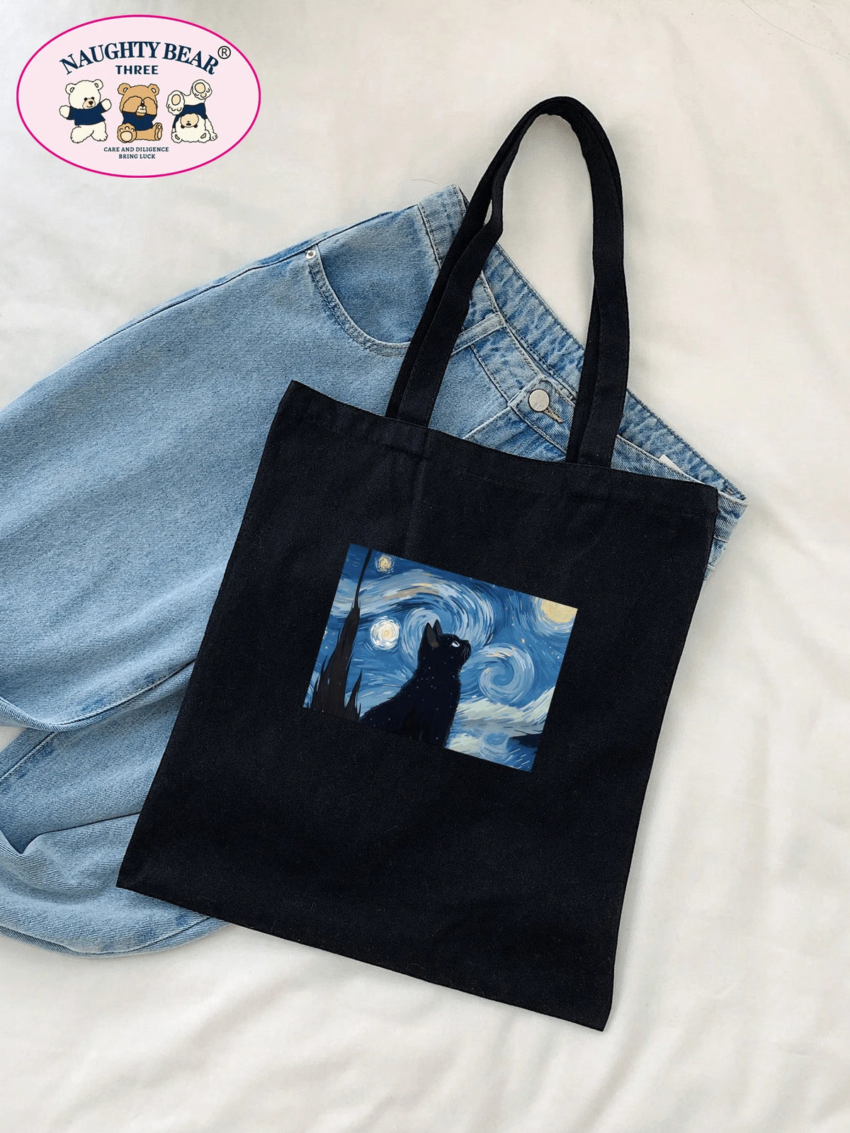 1pc Black Fashionable Cat & Starry Sky Printed Women's Canvas Tote Bag, Portable Shopping Bag For TravellingLightweight,Portable,Large Capacity, Suitable For Teen Girls Women College Students, Perfect