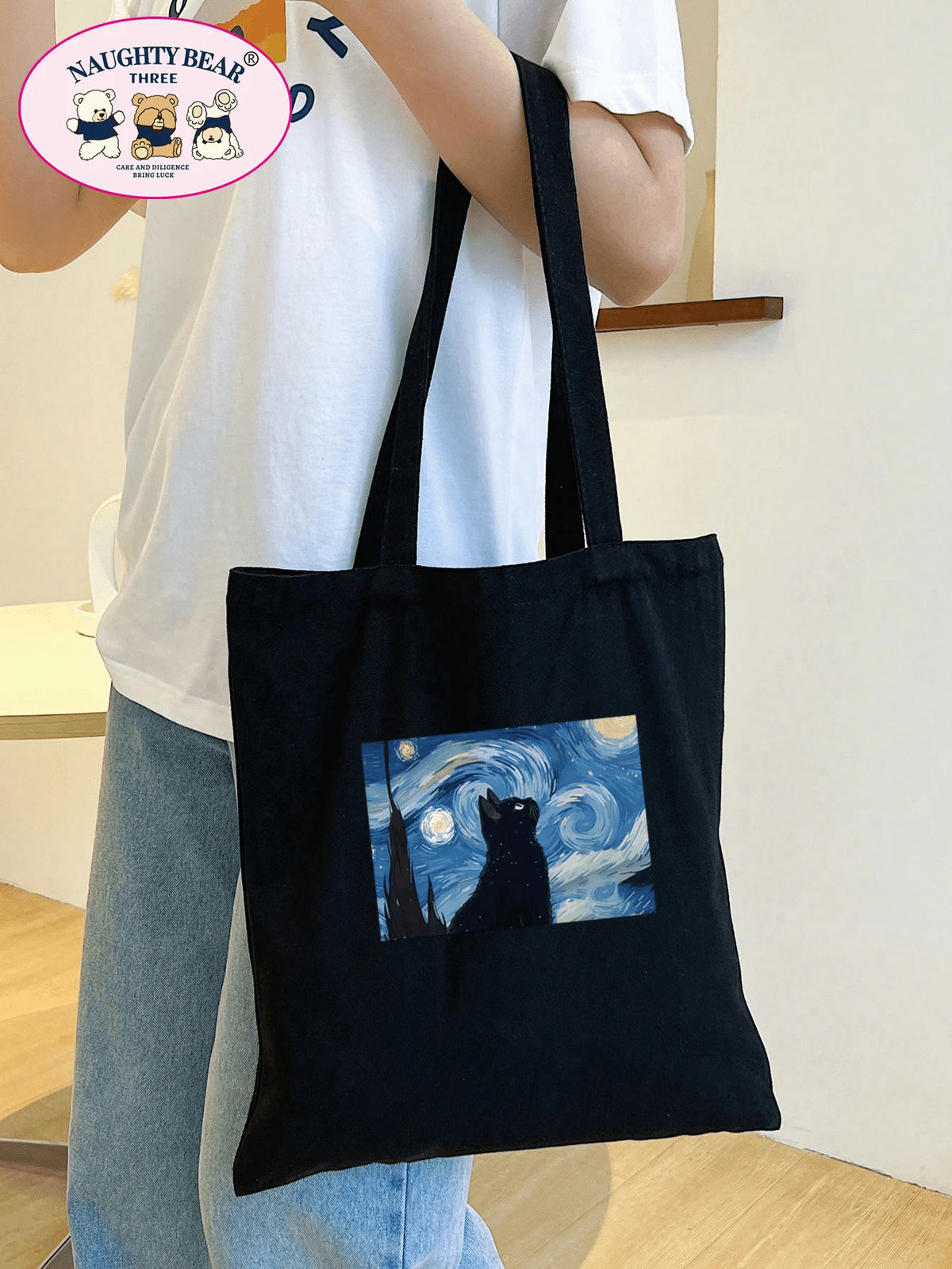 1pc Black Fashionable Cat & Starry Sky Printed Women's Canvas Tote Bag, Portable Shopping Bag For TravellingLightweight,Portable,Large Capacity, Suitable For Teen Girls Women College Students, Perfect