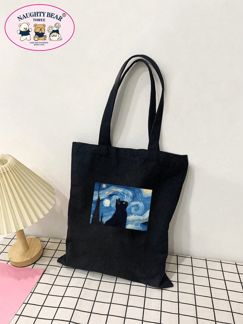 1pc Black Fashionable Cat & Starry Sky Printed Women's Canvas Tote Bag, Portable Shopping Bag For TravellingLightweight,Portable,Large Capacity, Suitable For Teen Girls Women College Students, Perfect