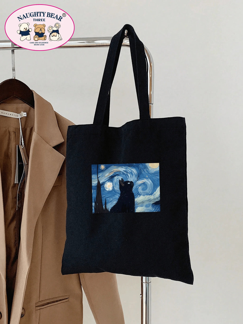 1pc Black Fashionable Cat & Starry Sky Printed Women's Canvas Tote Bag, Portable Shopping Bag For TravellingLightweight,Portable,Large Capacity, Suitable For Teen Girls Women College Students, Perfect