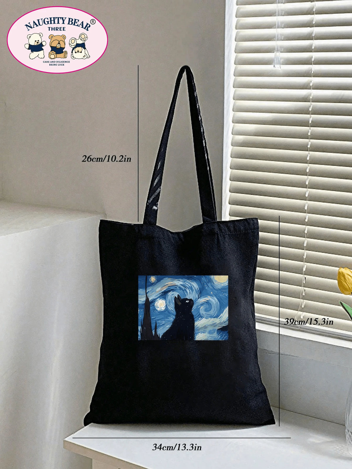 1pc Black Fashionable Cat & Starry Sky Printed Women's Canvas Tote Bag, Portable Shopping Bag For TravellingLightweight,Portable,Large Capacity, Suitable For Teen Girls Women College Students, Perfect