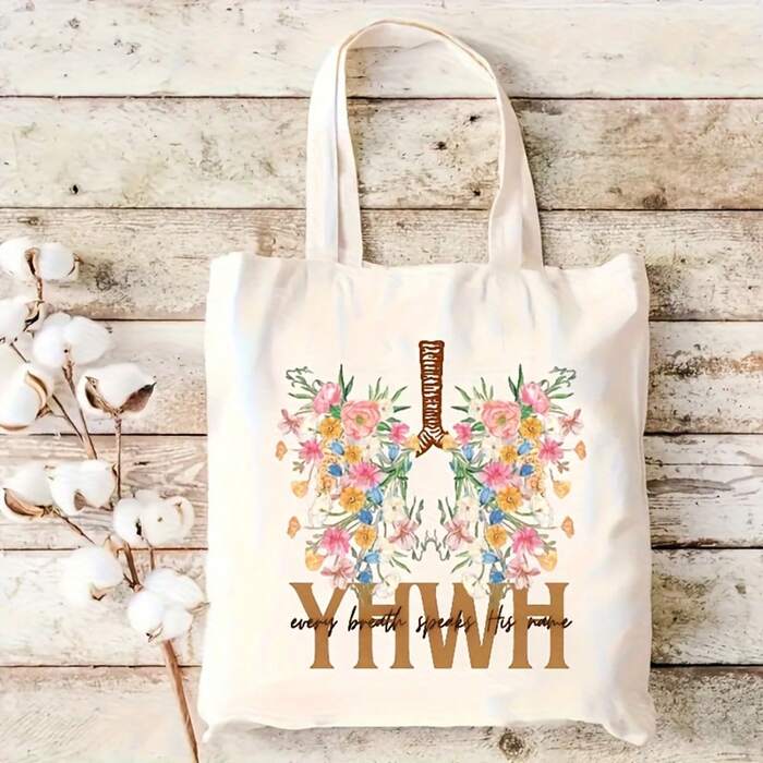 Women's Christian Tote Bag With Floral Design- Beige Religious Handbag Featuring