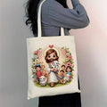 1pc Large Religious Tote Bag- Jesus And Lambs Floral Pastel Design