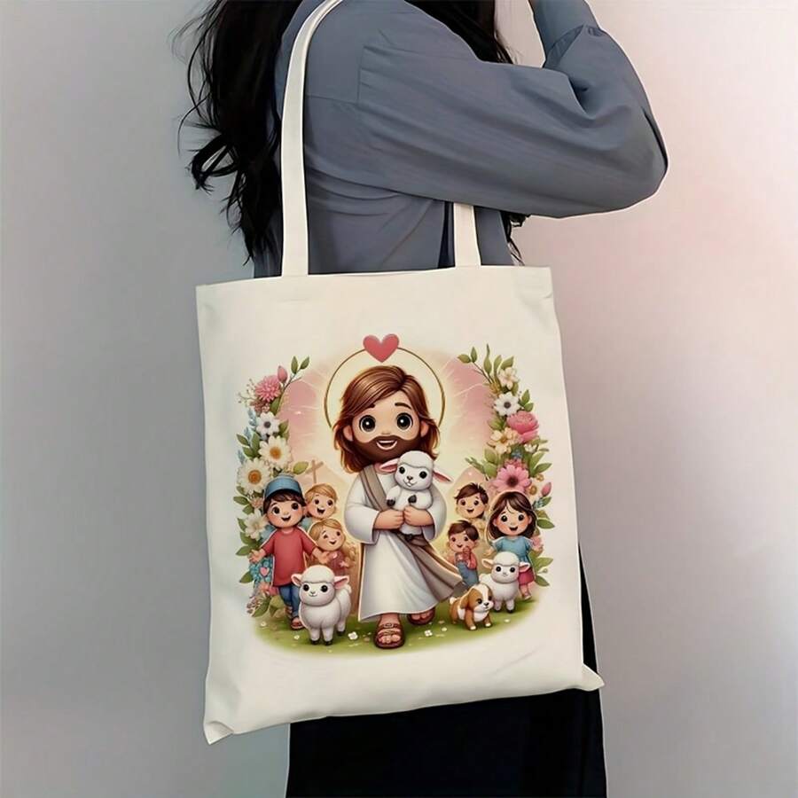 1pc Large Religious Tote Bag- Jesus And Lambs Floral Pastel Design, Heavy-Duty Polyester Canvas Shopping Bag With Fade-Resistant Handles, Spacious Christian Church, Grocery, Travel, Everyday Use- Re
