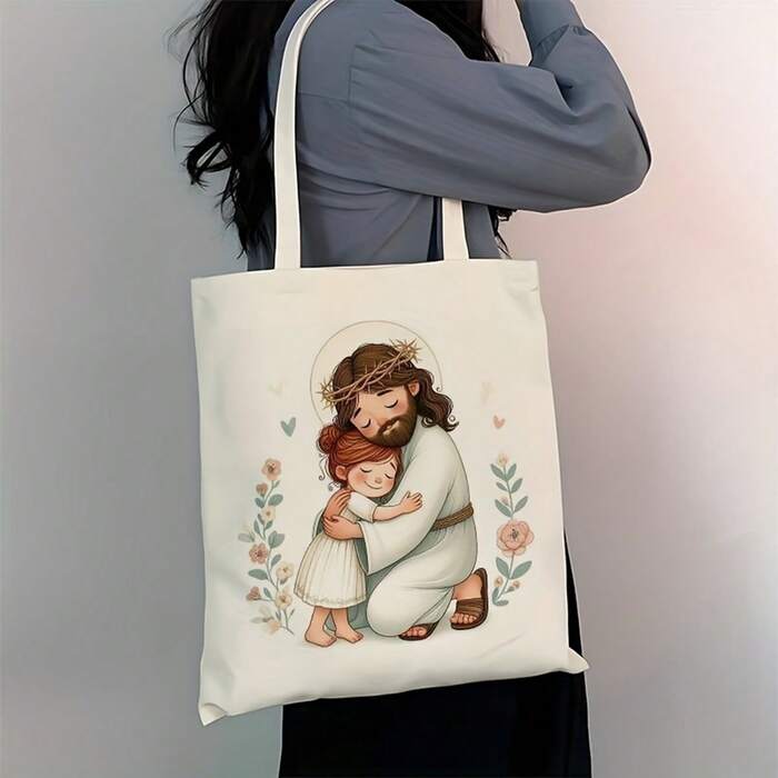 1pc Large Tote Bag- Religious Jesus & Floral Design With John 3:16 Scripture