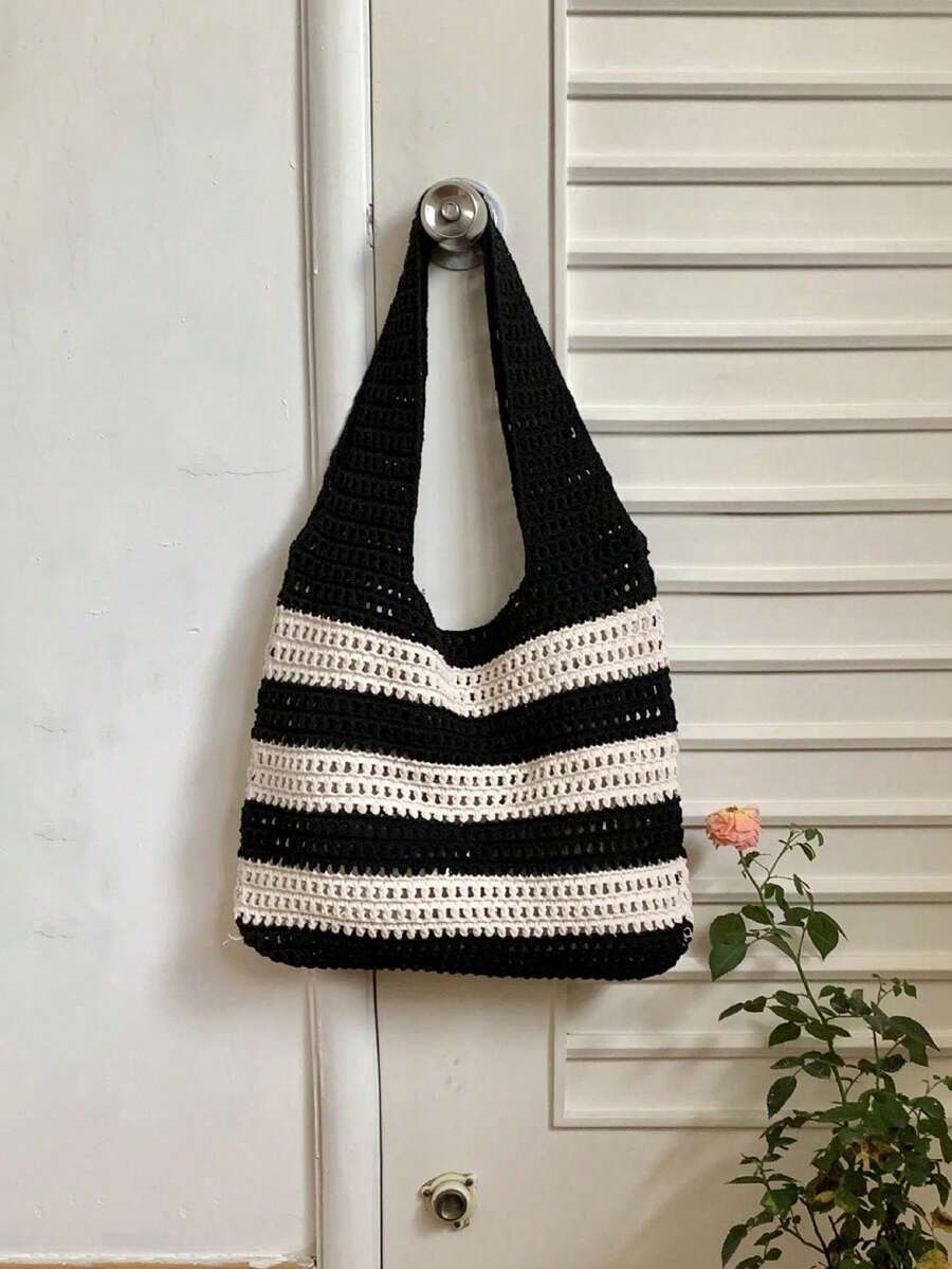 Yogodlns 2024 New Handmade Woven Striped Decor Large Capacity Tote Bag, Summer Vacation Style Handwoven Straw Bag, Women Handmade Woven Handbag