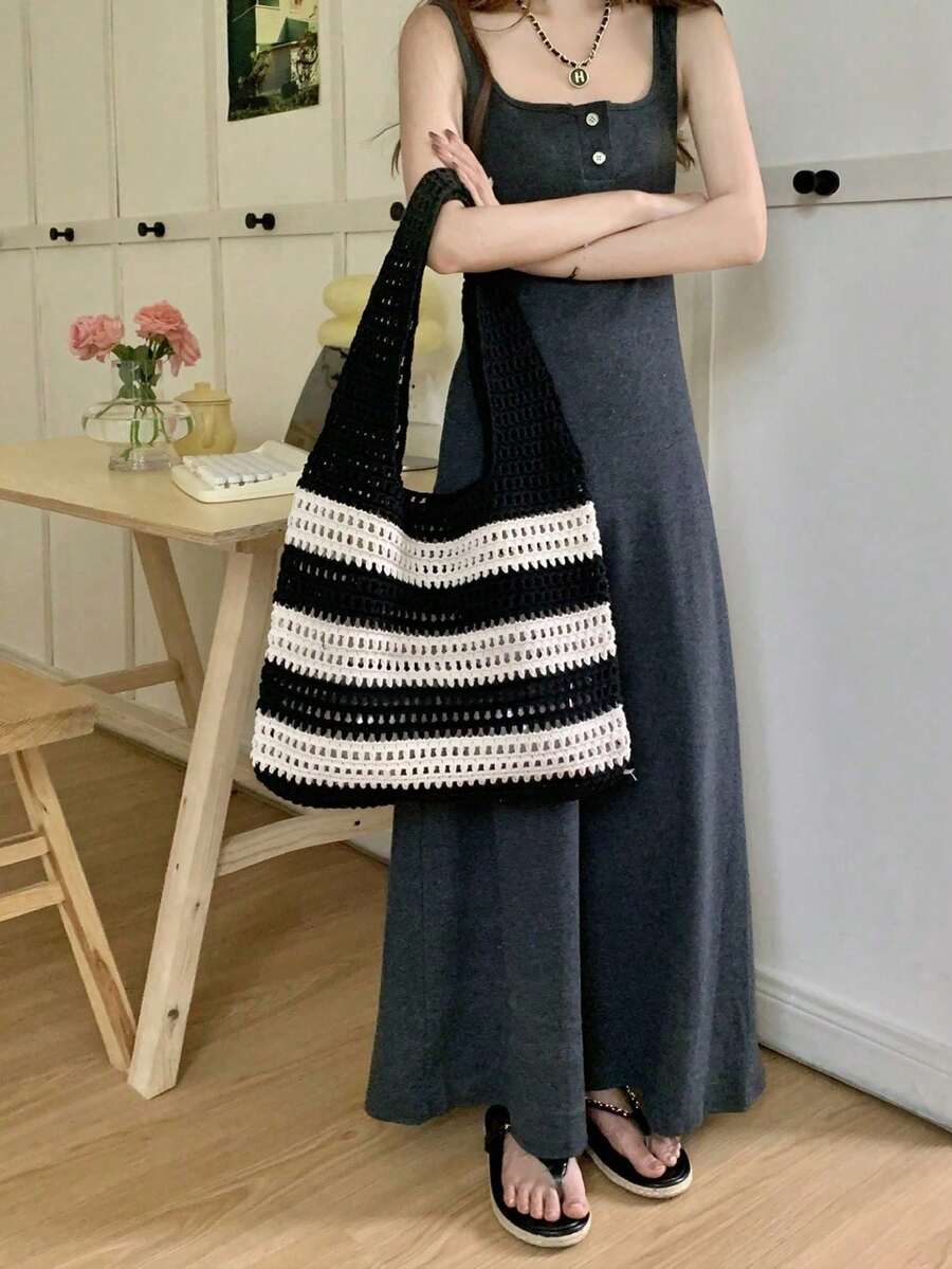 Yogodlns 2024 New Handmade Woven Striped Decor Large Capacity Tote Bag, Summer Vacation Style Handwoven Straw Bag, Women Handmade Woven Handbag