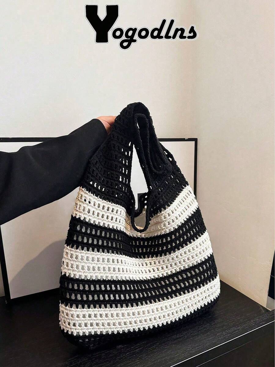 Yogodlns 2024 New Handmade Woven Striped Decor Large Capacity Tote Bag, Summer Vacation Style Handwoven Straw Bag, Women Handmade Woven Handbag