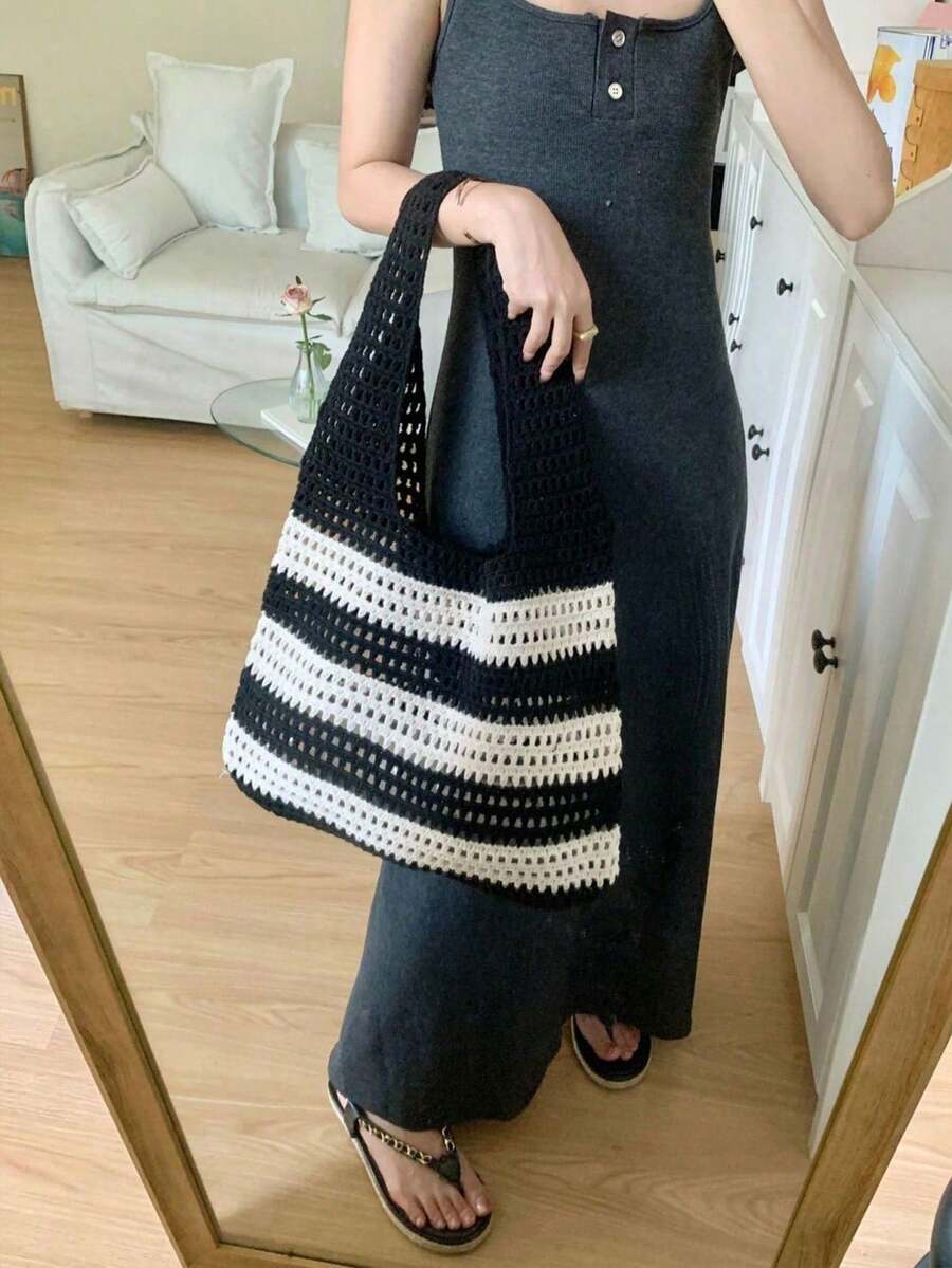 Yogodlns 2024 New Handmade Woven Striped Decor Large Capacity Tote Bag, Summer Vacation Style Handwoven Straw Bag, Women Handmade Woven Handbag