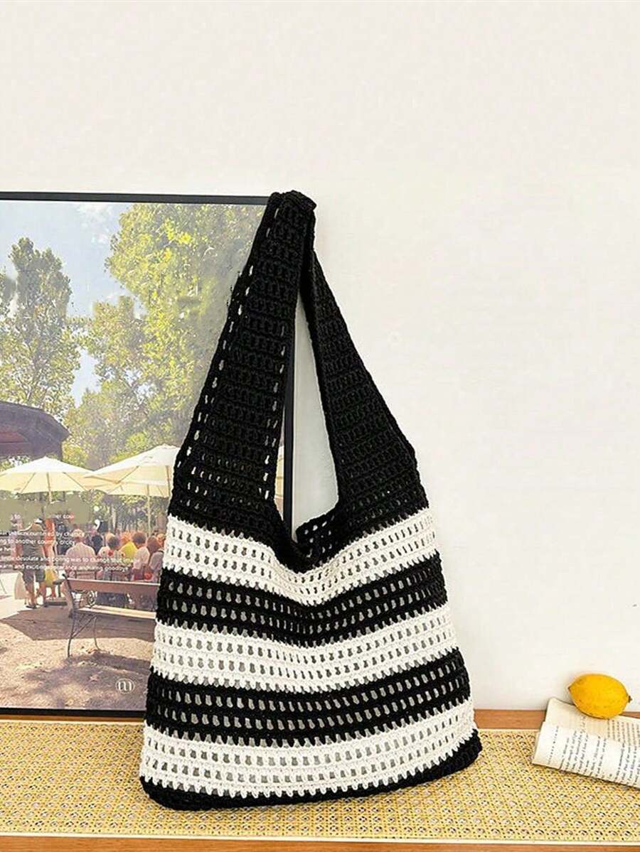 Yogodlns 2024 New Handmade Woven Striped Decor Large Capacity Tote Bag, Summer Vacation Style Handwoven Straw Bag, Women Handmade Woven Handbag