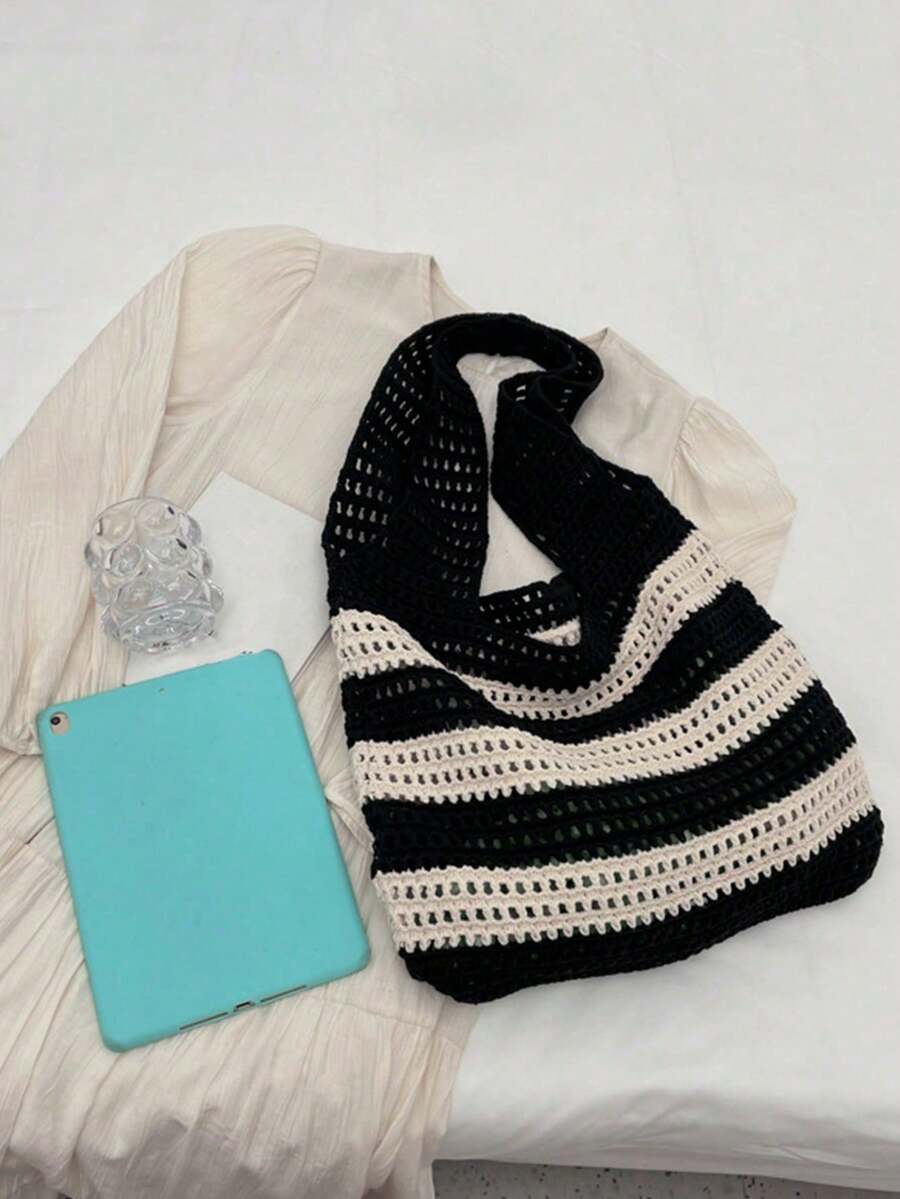 Yogodlns 2024 New Handmade Woven Striped Decor Large Capacity Tote Bag, Summer Vacation Style Handwoven Straw Bag, Women Handmade Woven Handbag