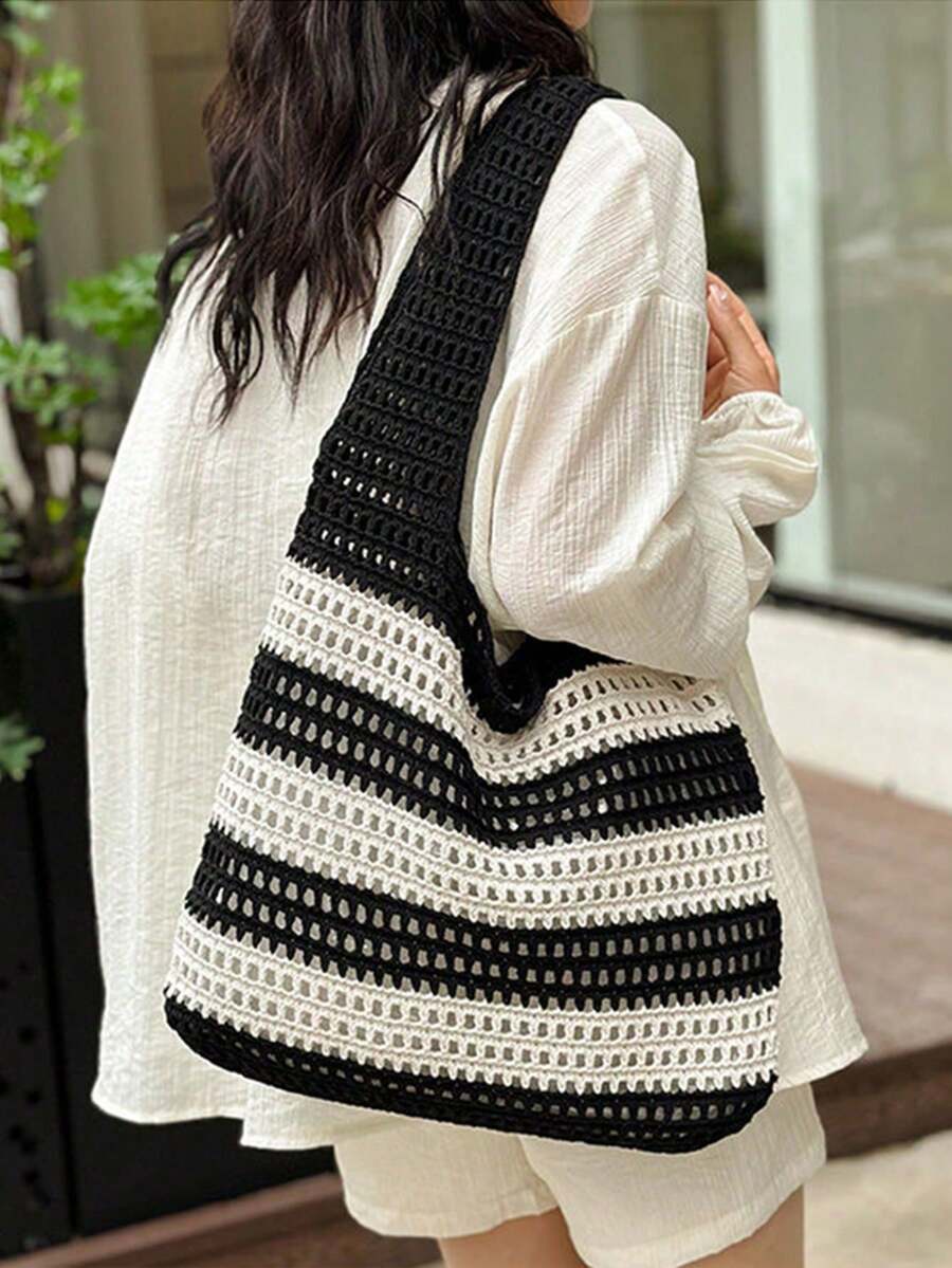 Yogodlns 2024 New Handmade Woven Striped Decor Large Capacity Tote Bag, Summer Vacation Style Handwoven Straw Bag, Women Handmade Woven Handbag