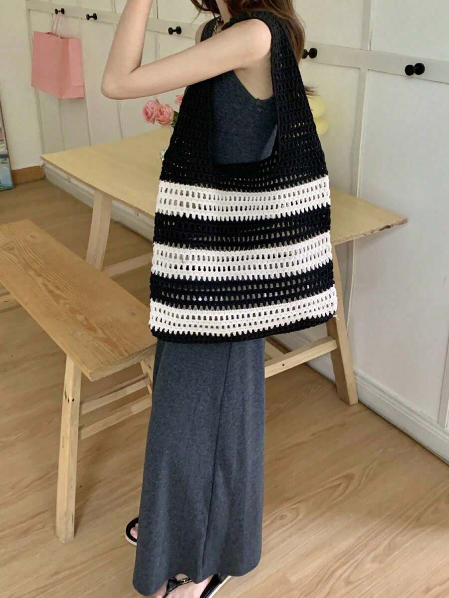 Yogodlns 2024 New Handmade Woven Striped Decor Large Capacity Tote Bag, Summer Vacation Style Handwoven Straw Bag, Women Handmade Woven Handbag