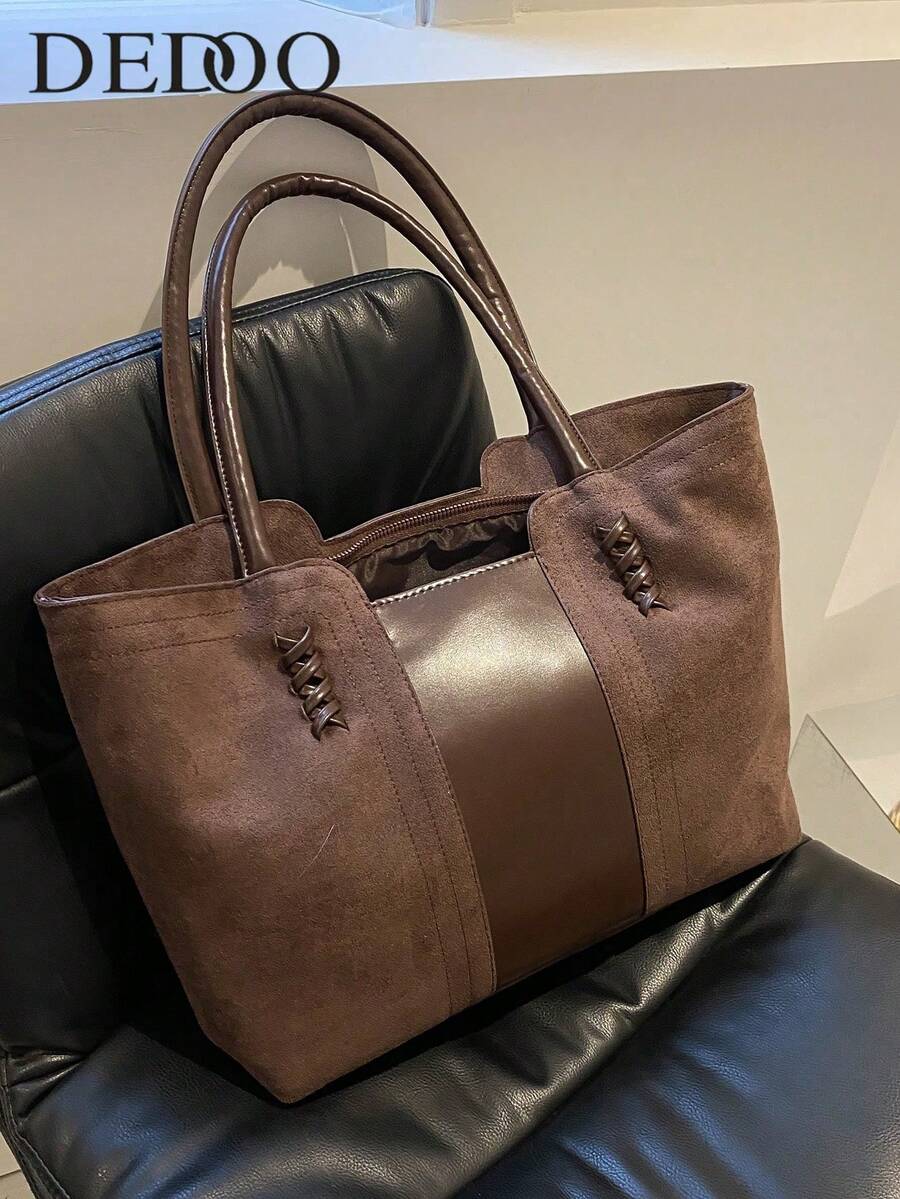Faux Leather Minimalist Large Capacity Stitch Detail Faux Suede Shoulder Tote Bag, Suede Bag Purse, Newest Fashionable Suede Bag For Women, Perfectly Matching With Fall Outfits Womenfall Clothes For W