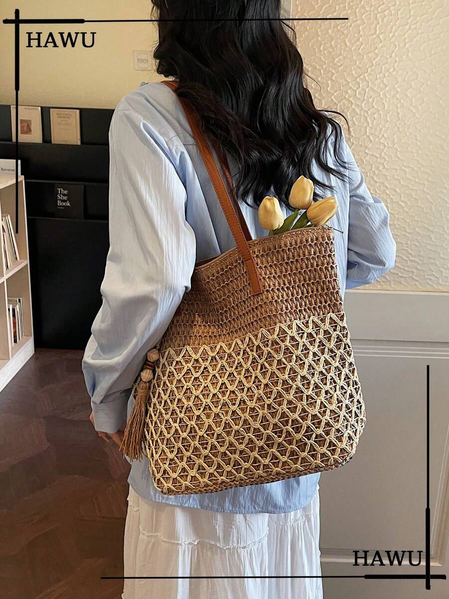 Tasseled Accent Colorblock Tote Bag, Beach Vacation Bag,Fringe Bag
