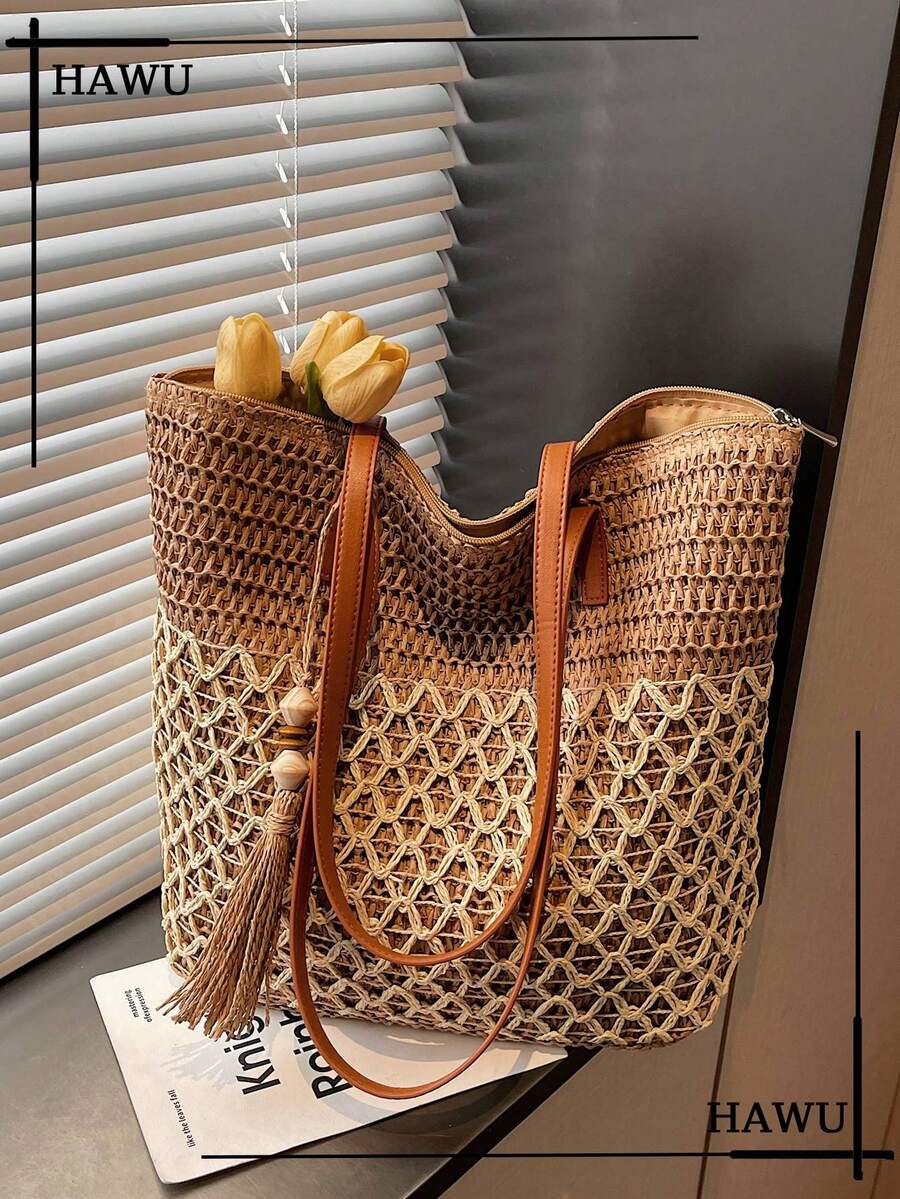 Tasseled Accent Colorblock Tote Bag, Beach Vacation Bag,Fringe Bag