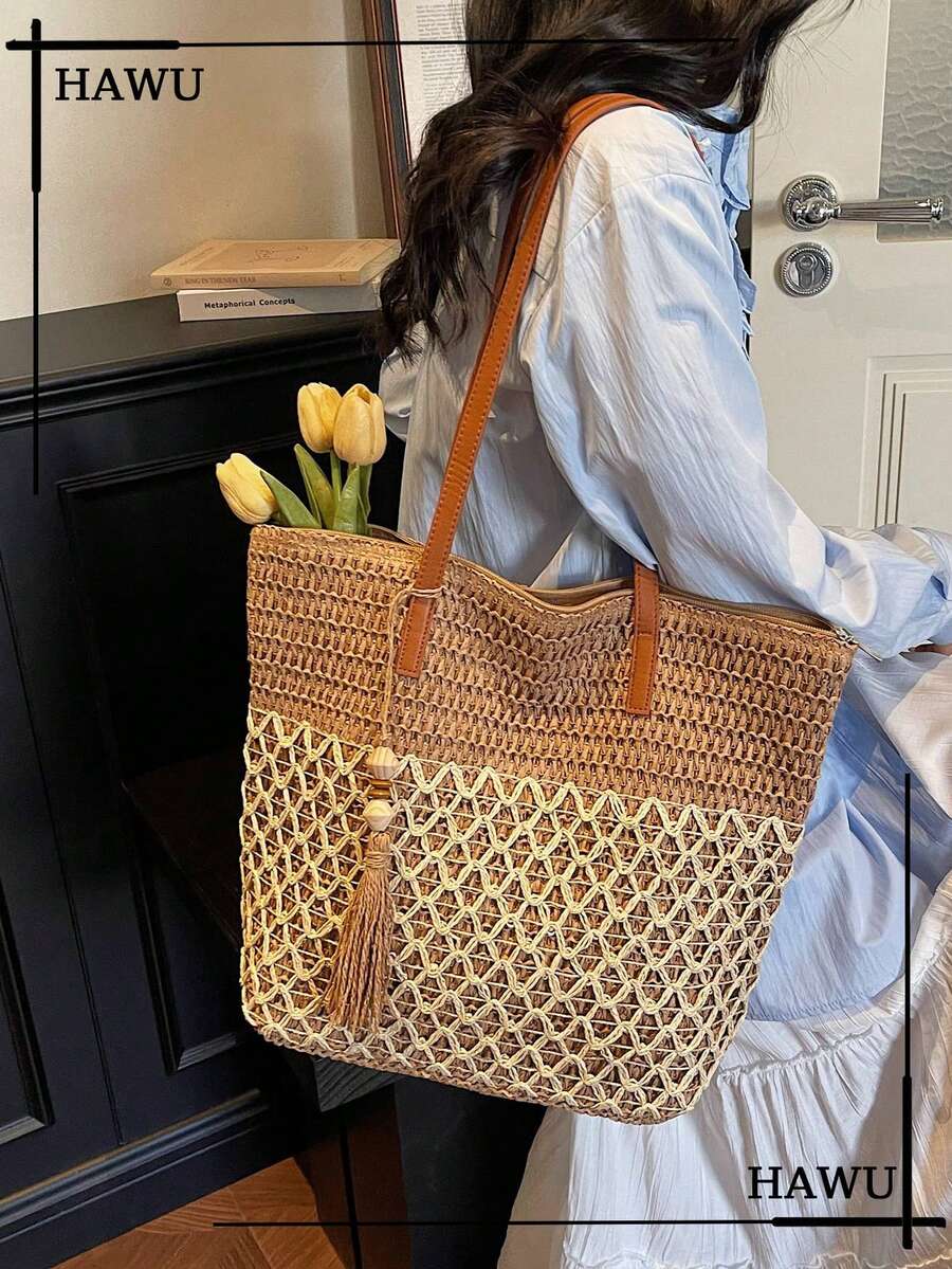 Tasseled Accent Colorblock Tote Bag, Beach Vacation Bag,Fringe Bag