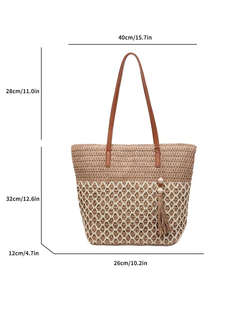Tasseled Accent Colorblock Tote Bag, Beach Vacation Bag,Fringe Bag