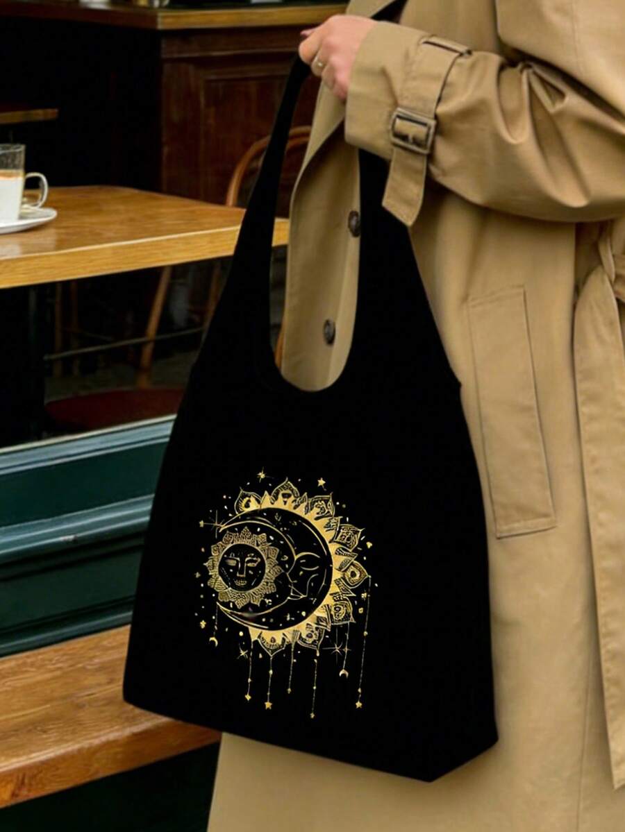 Black Canvas Tote Bag With Sun, Moon And Star Print- Casual Shoulder Bag, Handbag For Women