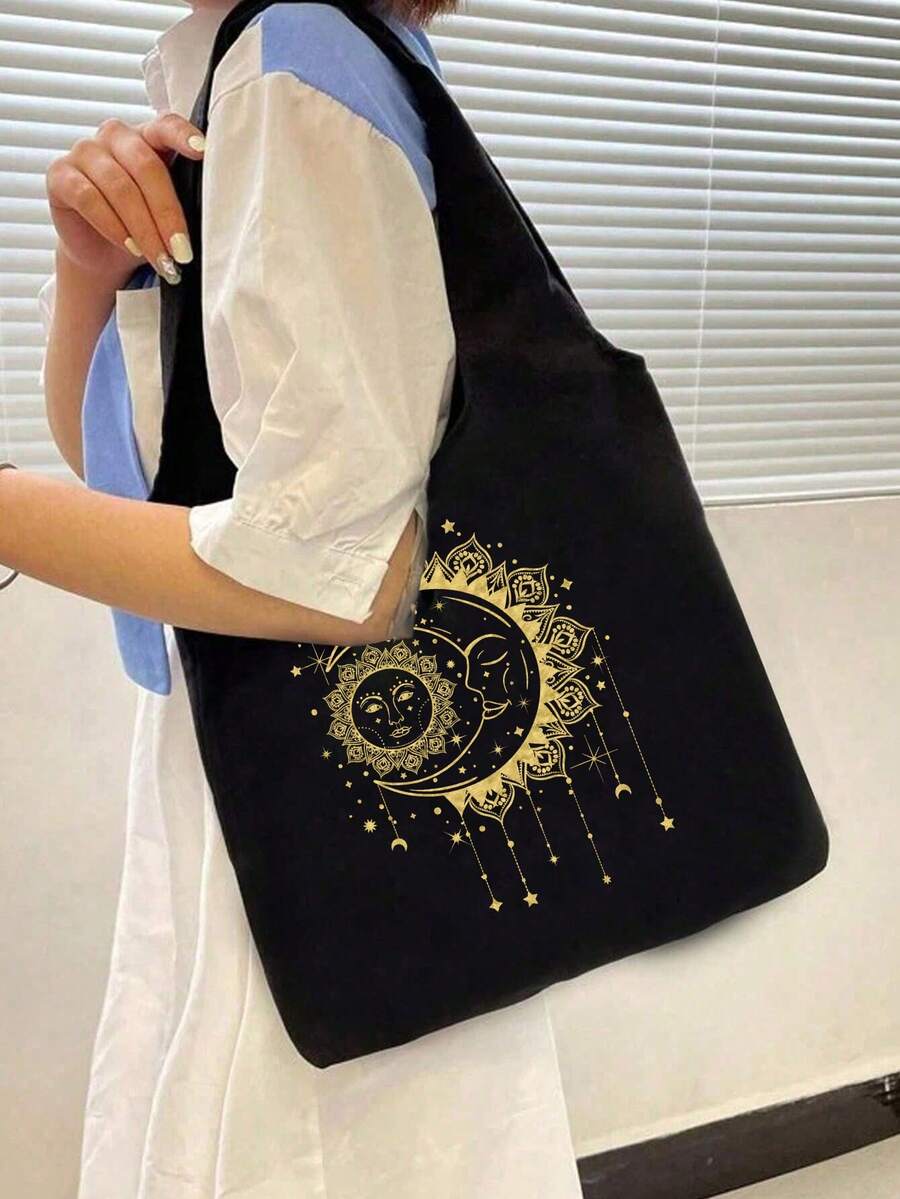 Black Canvas Tote Bag With Sun, Moon And Star Print- Casual Shoulder Bag, Handbag For Women