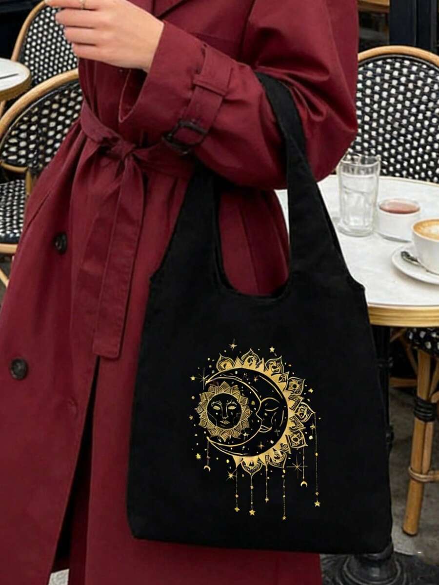 Black Canvas Tote Bag With Sun, Moon And Star Print- Casual Shoulder Bag, Handbag For Women