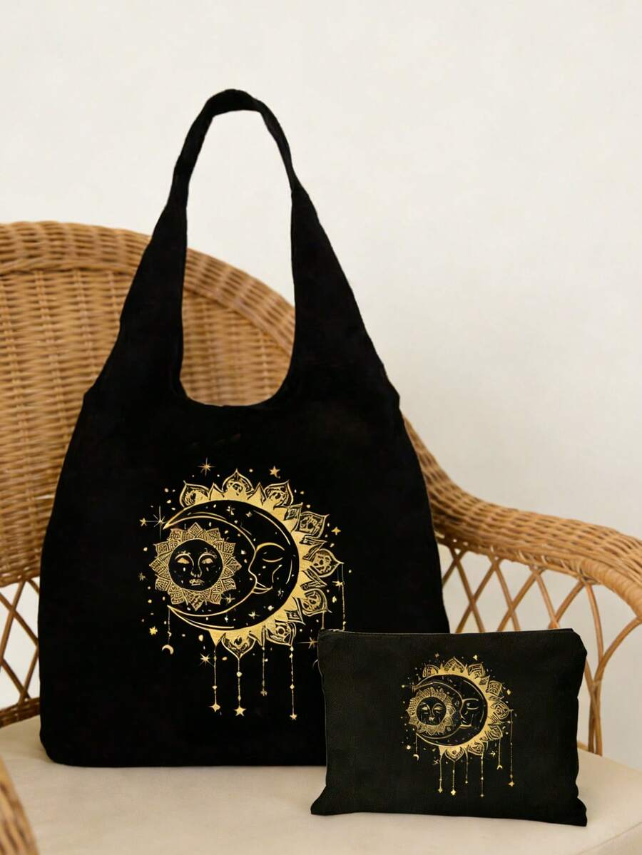 Black Canvas Tote Bag With Sun, Moon And Star Print- Casual Shoulder Bag, Handbag For Women