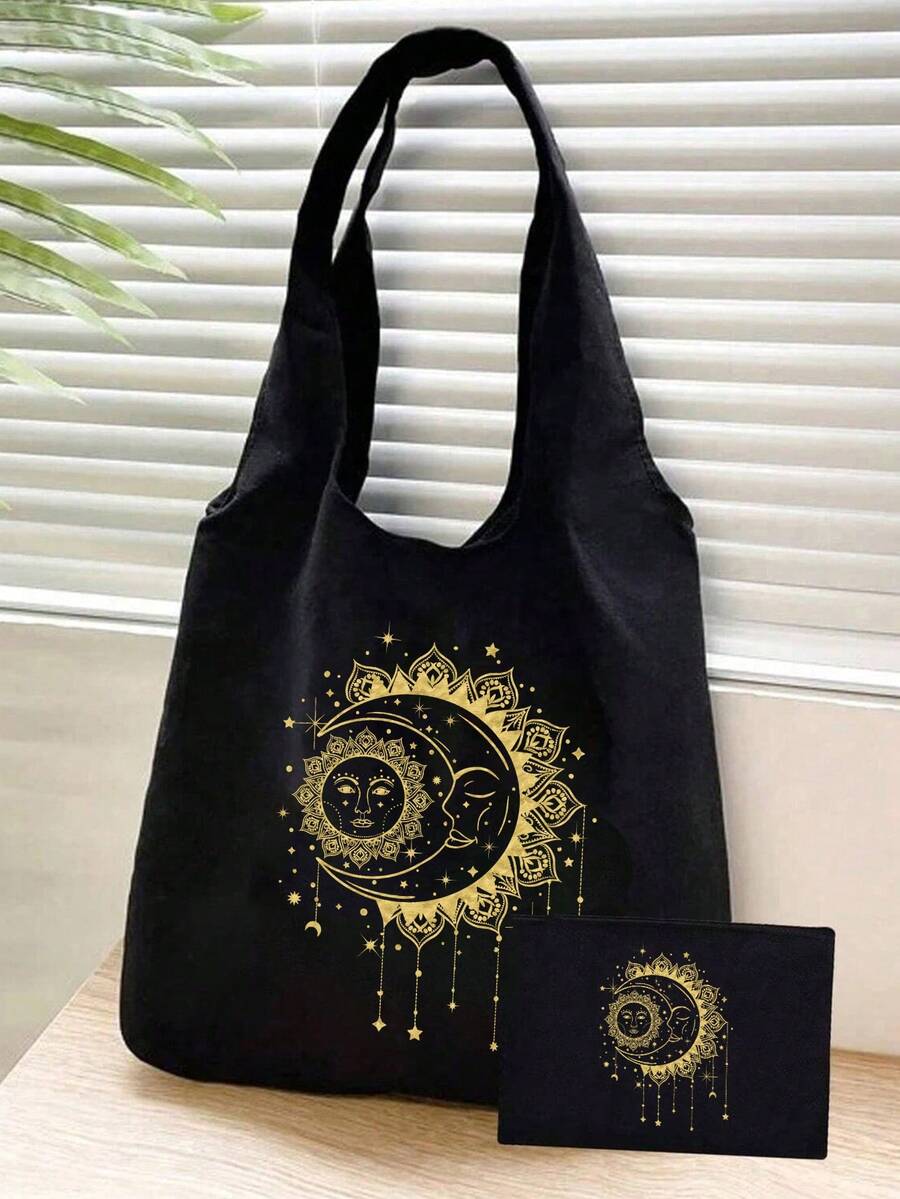 Black Canvas Tote Bag With Sun, Moon And Star Print- Casual Shoulder Bag, Handbag For Women