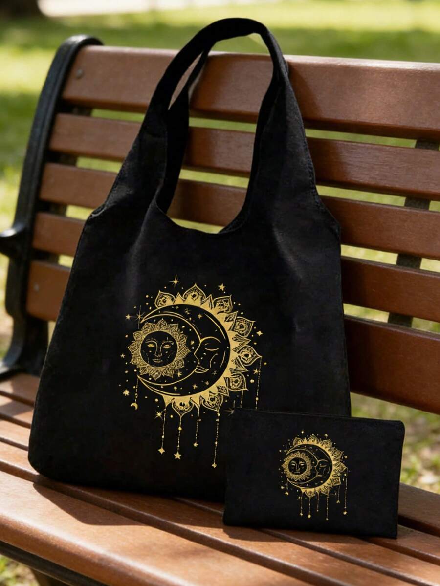 Black Canvas Tote Bag With Sun, Moon And Star Print- Casual Shoulder Bag, Handbag For Women