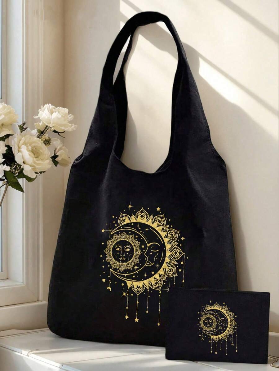Black Canvas Tote Bag With Sun, Moon And Star Print- Casual Shoulder Bag, Handbag For Women