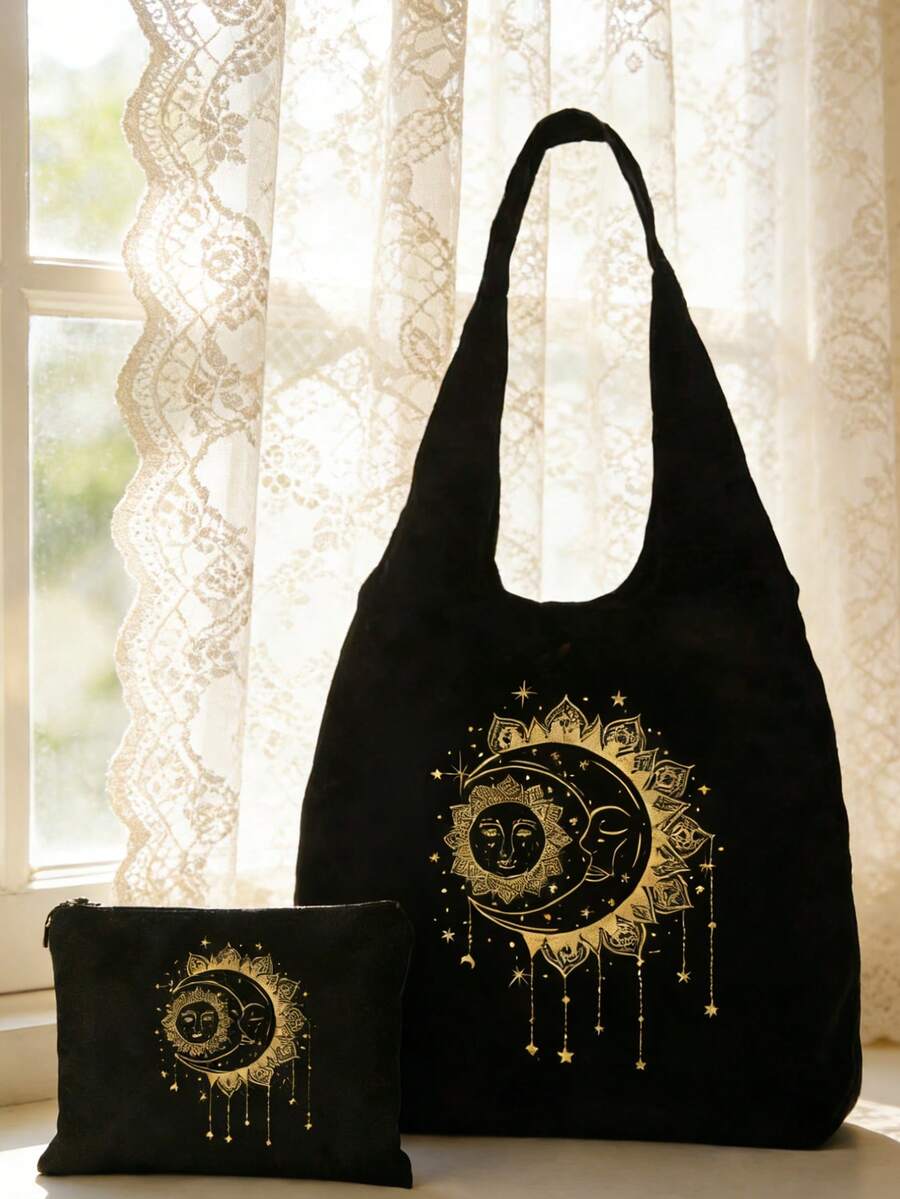 Black Canvas Tote Bag With Sun, Moon And Star Print- Casual Shoulder Bag, Handbag For Women