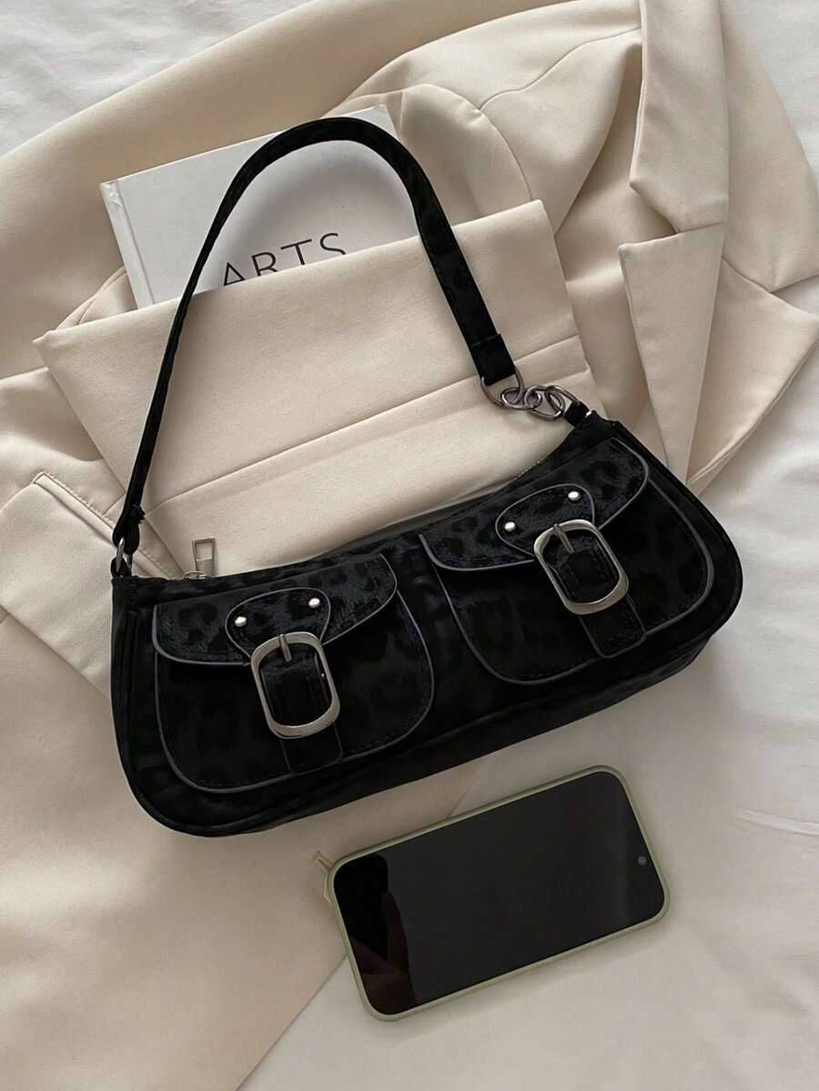 New Fashion Double Pocket Decor Handbag Tote Shoulder Bag, Suitable For Parties, Outings, Vacations, Shopping And Daily Use, Can Store Coins, Phones, Also Suitable As A Work Bag For White-Collar, Coll
