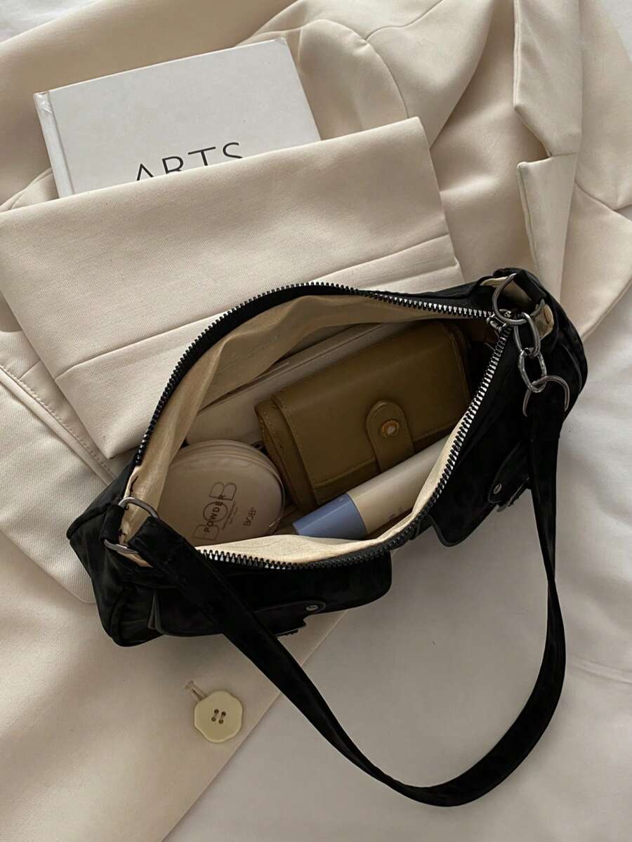 New Fashion Double Pocket Decor Handbag Tote Shoulder Bag, Suitable For Parties, Outings, Vacations, Shopping And Daily Use, Can Store Coins, Phones, Also Suitable As A Work Bag For White-Collar, Coll