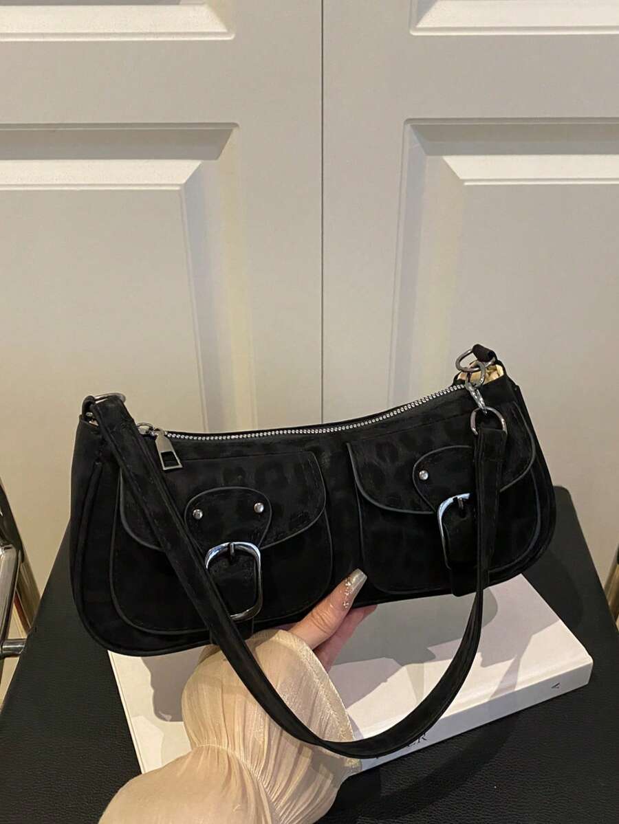 New Fashion Double Pocket Decor Handbag Tote Shoulder Bag, Suitable For Parties, Outings, Vacations, Shopping And Daily Use, Can Store Coins, Phones, Also Suitable As A Work Bag For White-Collar, Coll