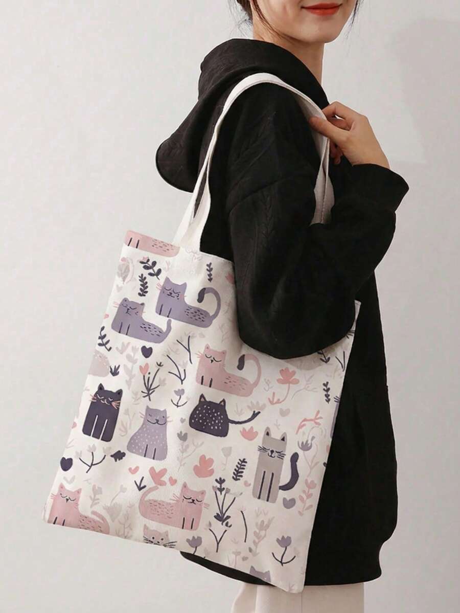 Cat & Dog Print Reversible Shoulder Tote Bag, Casual Travel Beach Bag, Large Capacity Reusable Shoulder Shopping Bag, Women Casual Shoulder Handbag, Large Capacity Canvas Beach Bag Tote, Printed Women