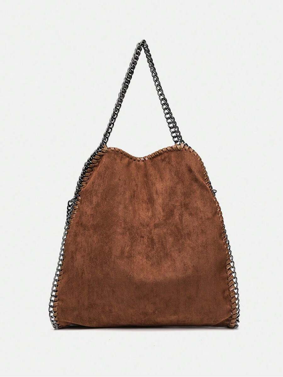 1pc Women's Vegan Leather Chain Shoulder Bag, New Bucket Bag Tote Handbag, Large Capacity Commuter Shopping Bag