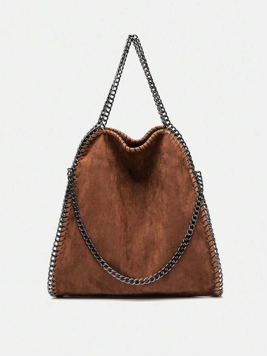 1pc Women's Vegan Leather Chain Shoulder Bag, New Bucket Bag Tote Handbag, Large Capacity Commuter Shopping Bag