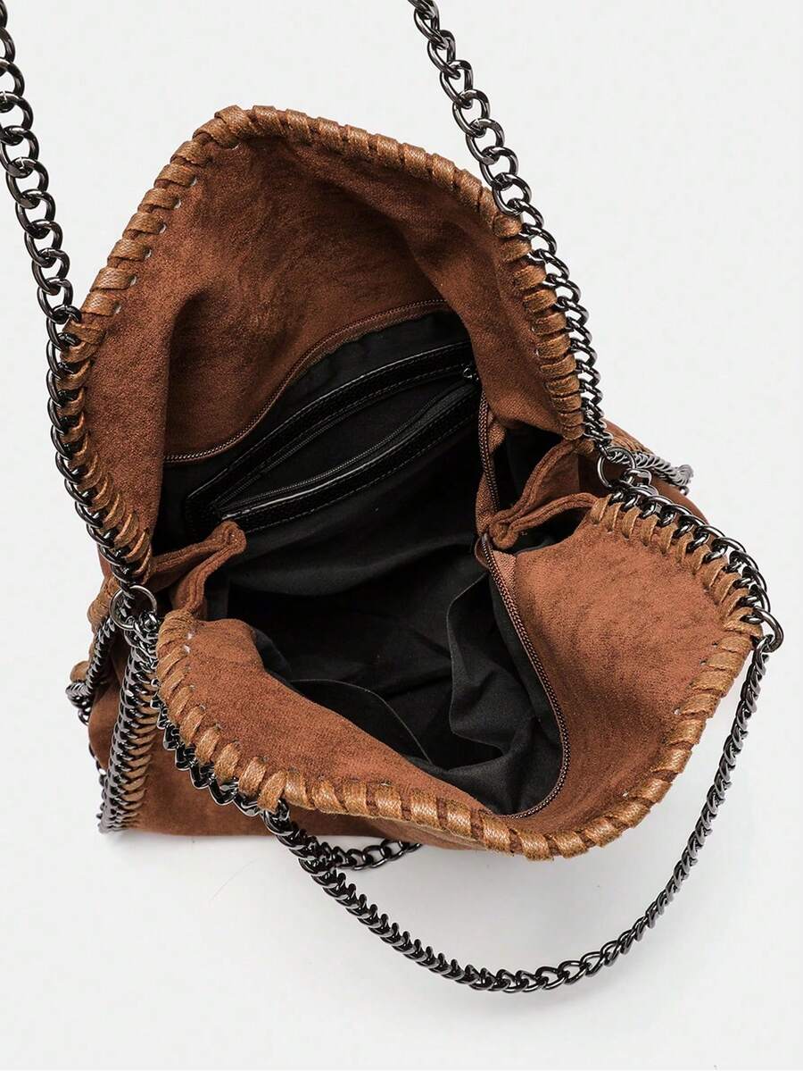 1pc Women's Vegan Leather Chain Shoulder Bag, New Bucket Bag Tote Handbag, Large Capacity Commuter Shopping Bag