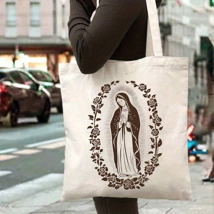 Tote Bag Natural Color Virgin Mary Religious Print With Rose Frame Design For Da