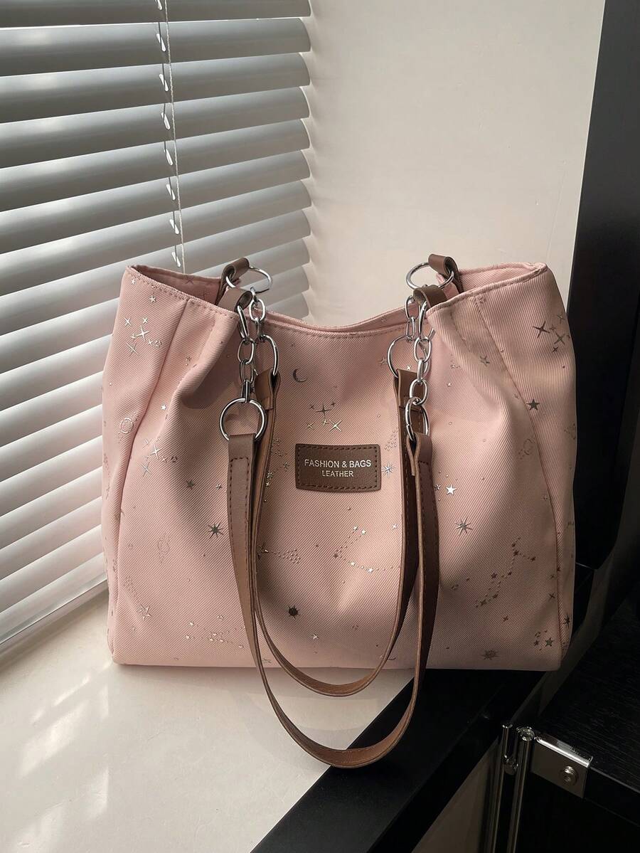 Fashionable Striped Handbag- Women's Large Capacity Shoulder Bag- Zipper Tote Bag For Daily Use- Minimalist Chain Shoulder Tote Bag For Teen Girls Women College Students,Rookies & White-Collar Work