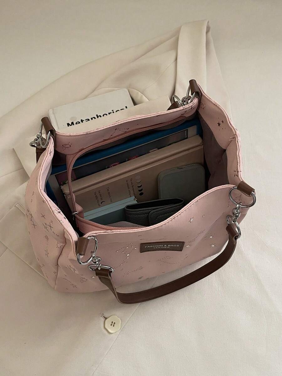 Fashionable Striped Handbag- Women's Large Capacity Shoulder Bag- Zipper Tote Bag For Daily Use- Minimalist Chain Shoulder Tote Bag For Teen Girls Women College Students,Rookies & White-Collar Work
