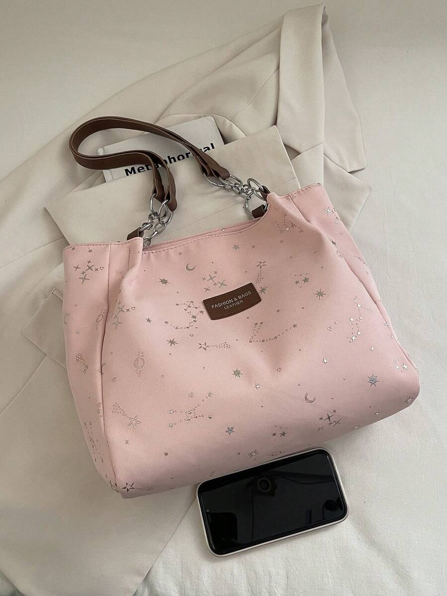 Fashionable Striped Handbag- Women's Large Capacity Shoulder Bag- Zipper Tote Bag For Daily Use- Minimalist Chain Shoulder Tote Bag For Teen Girls Women College Students,Rookies & White-Collar Work