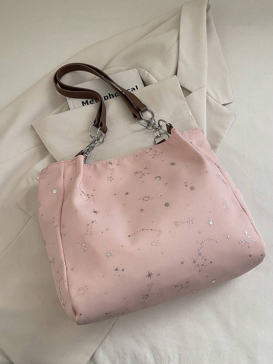 Fashionable Striped Handbag- Women's Large Capacity Shoulder Bag- Zipper Tote Bag For Daily Use- Minimalist Chain Shoulder Tote Bag For Teen Girls Women College Students,Rookies & White-Collar Work