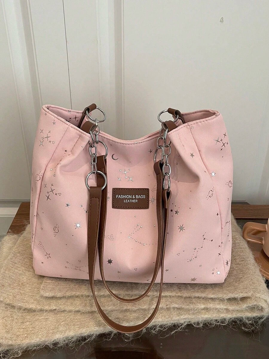 Fashionable Striped Handbag- Women's Large Capacity Shoulder Bag- Zipper Tote Bag For Daily Use- Minimalist Chain Shoulder Tote Bag For Teen Girls Women College Students,Rookies & White-Collar Work