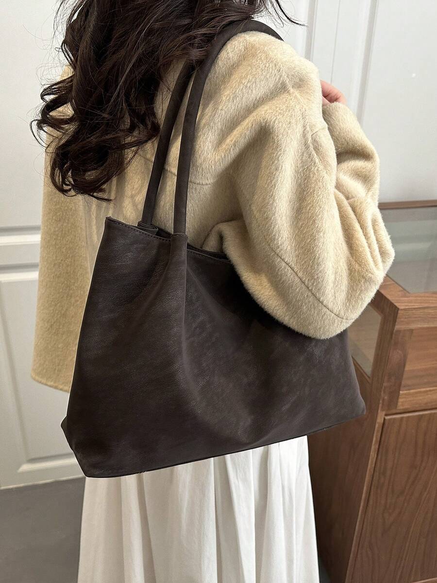 New Vintage Fashion Large Capacity Tote Bag, Lightweight Minimalist, Solid Color Shoulder Bag. Suitable For Women's Daily Life, Casual, Commute, Work, Vacation And Student Use