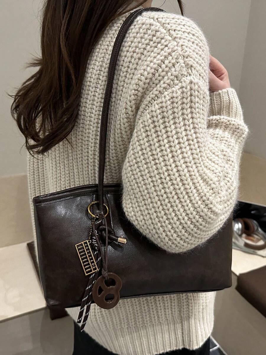 1PC Soft Long Tote Bag With Dual Long Shoulder Straps, Knot Metal Closure Decoration, Badminton-Shaped Woven Strap Charm, Embossed Letter Logo, Gentle Girl Style Commuter Knot Handbag Design, Converti