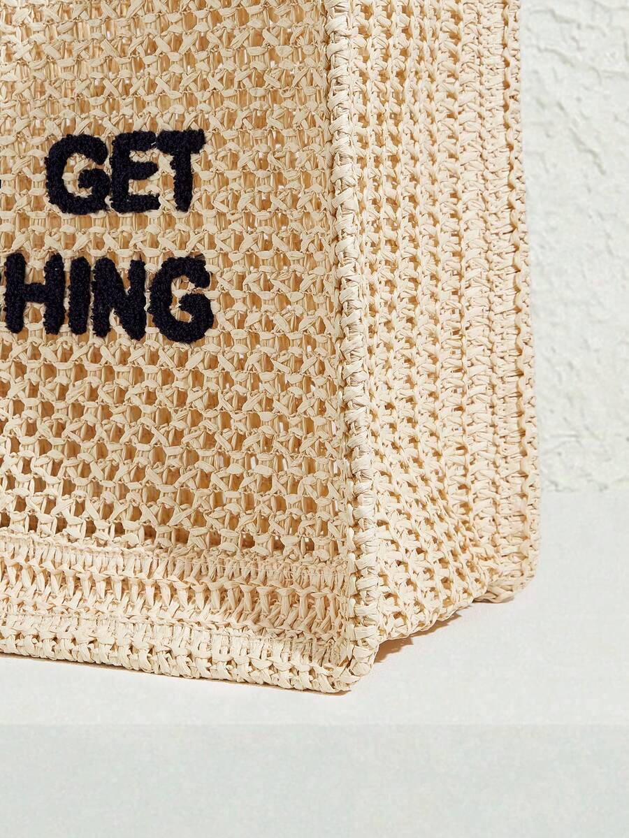 SHECARRY Women's Summer Fashionable Crocheted Tote Bag With Letter Design, Suitable For Vacation And Travel