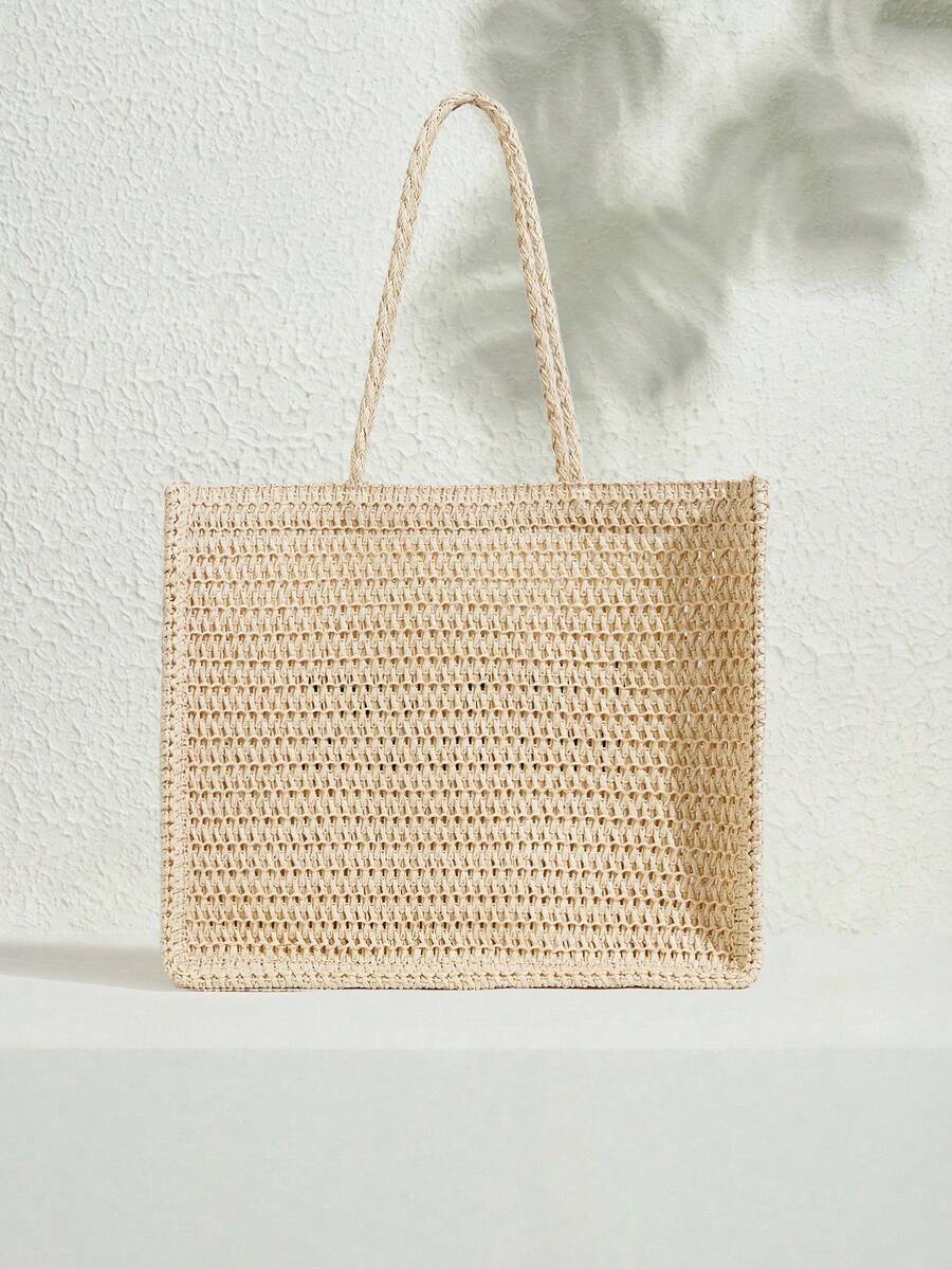 SHECARRY Women's Summer Fashionable Crocheted Tote Bag With Letter Design, Suitable For Vacation And Travel
