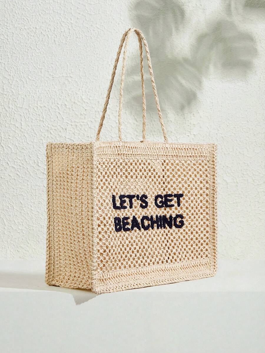 SHECARRY Women's Summer Fashionable Crocheted Tote Bag With Letter Design, Suitable For Vacation And Travel