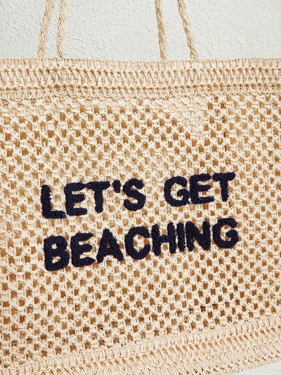 SHECARRY Women's Summer Fashionable Crocheted Tote Bag With Letter Design, Suitable For Vacation And Travel